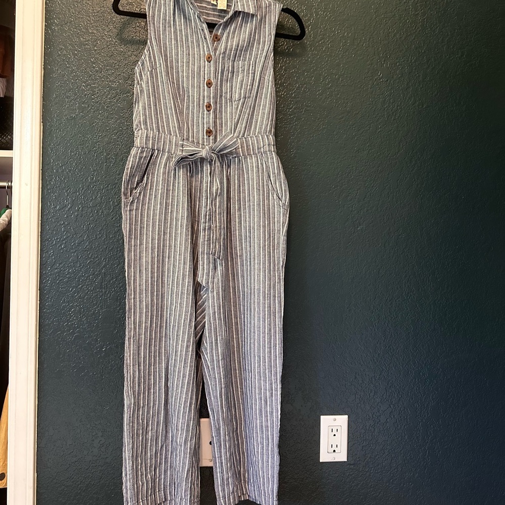 Japna Blue and White Striped Jumpsuit with Tie Waist